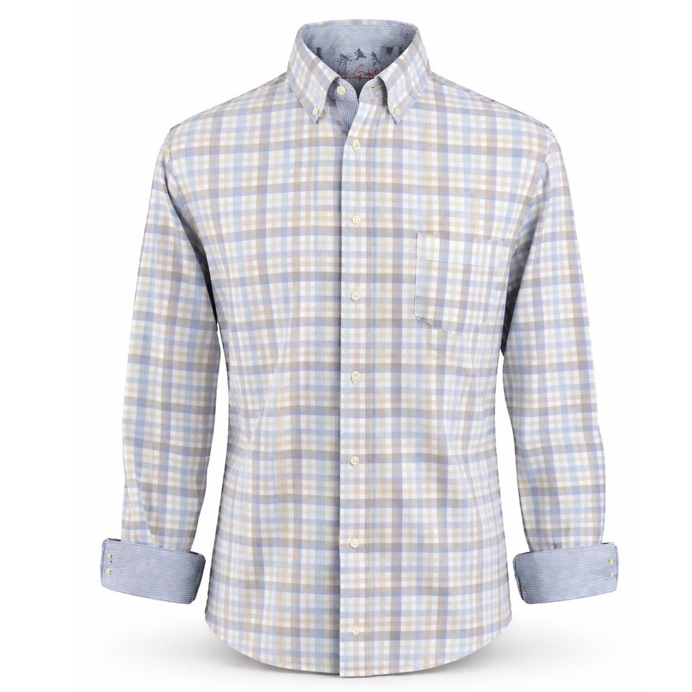 Robert Graham Mens Blue Tan Plaid Shirt Sz M Long Sleeve Button Down French Cuff